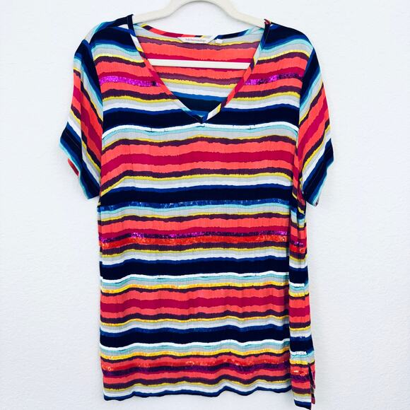 Soft Surroundings Womens Short Sleeve T Shirt Blouse Size L Sequins Stripe Multi - Picture 1 of 6